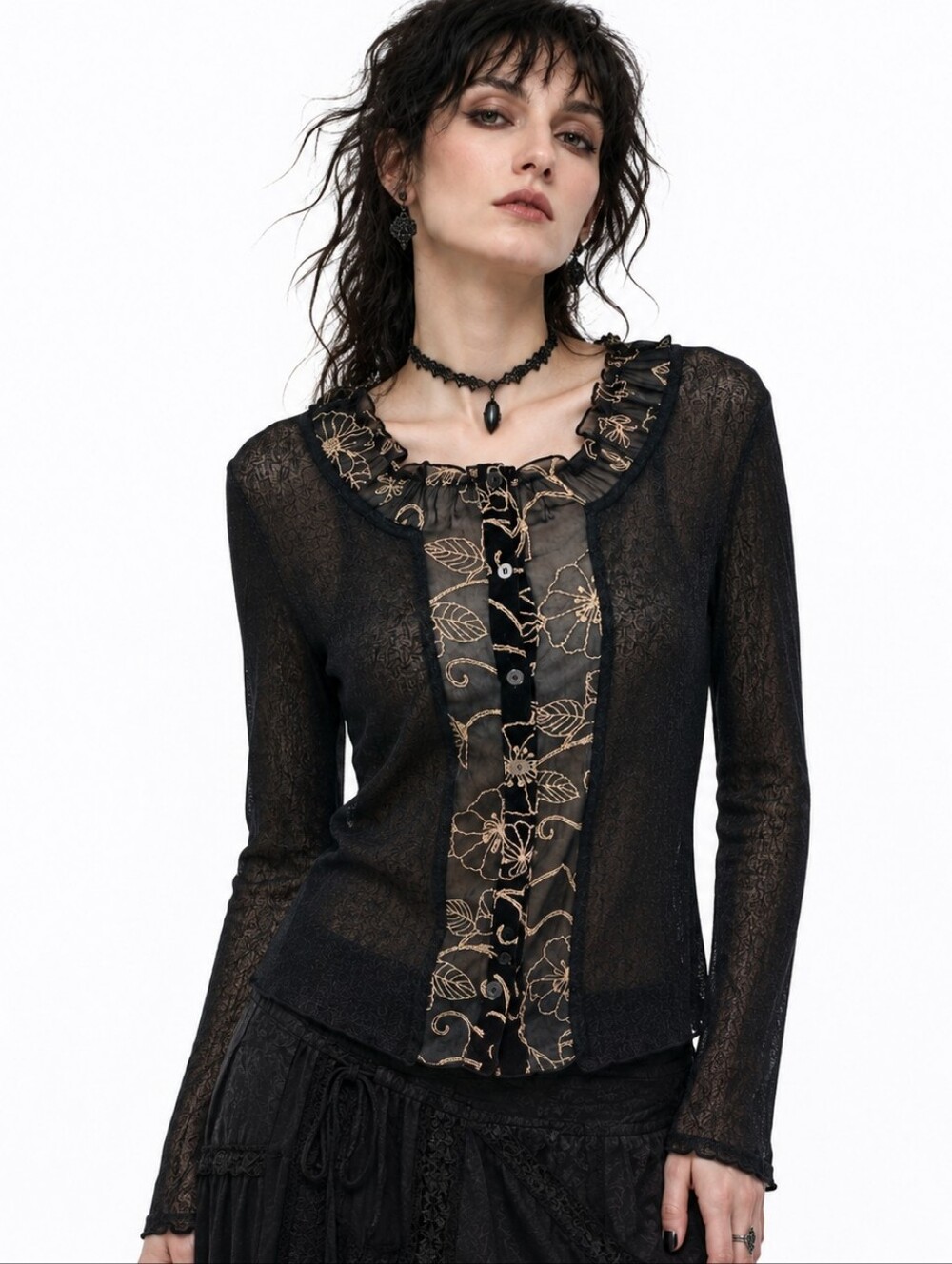 Talbots Floral Silk Embroidered Cardigan L‎ Black Semi Sheer Ruffle Whimsigoth